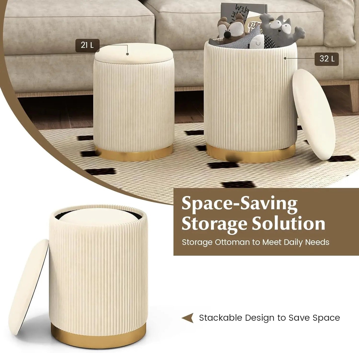 Comfort corner Velvet Storage Ottoman Set of 2,Round Ottoman with Storage, Footrest Vanity Stool Chair, Stackable Footstool Home Fusion