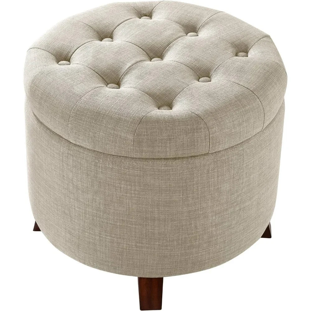 Upholstered Tufted Storage Round Ottomans, Burlap Beige, 20"W x 20"D x 17"H Footstool for Living Room,Bedroom,Office Ottoman