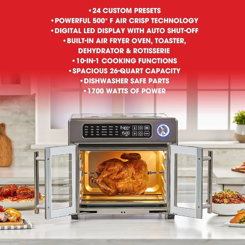 Emeril Lagasse (4-00675-02) 26 QT Extra Large Air Fryer w/ Grill Plate, Convection Toaster Oven w/ French Doors, Stainless Steel Home Fusion