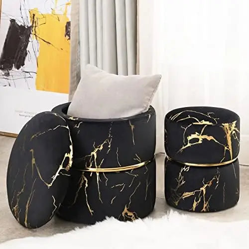 Round Black Velvet Ottoman , Modern Upholstered Vanity Ottoman Footrest Stool Indoor Ottoman for Entryway Living Room Bedroom D