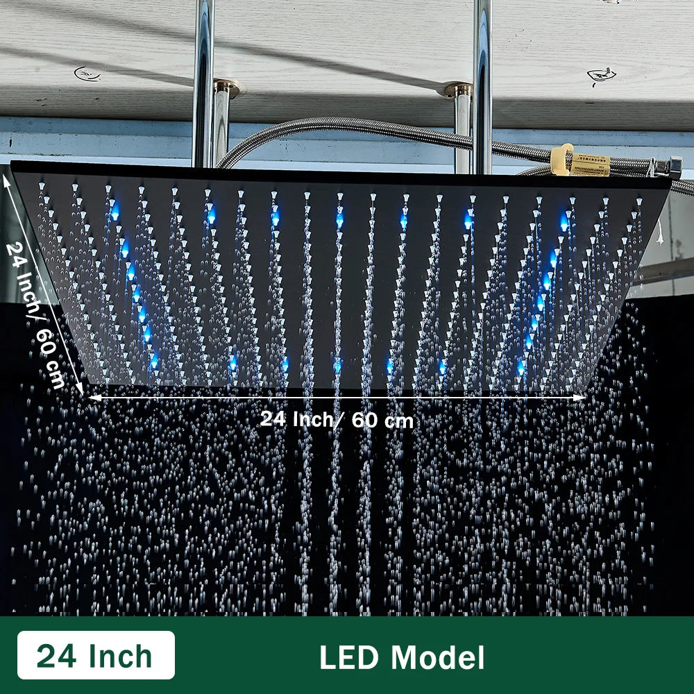 Rozin LED Matte Black Shower Head 40*80cm Large Size Rainfall Shower Heads Ceiling Mounted with Installation Arm for Bathroom