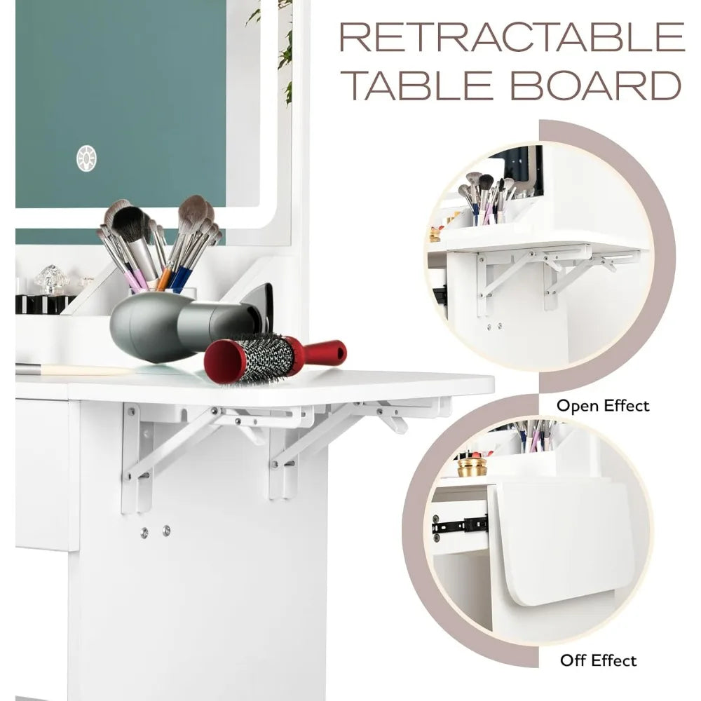 Dressing table with lights and mirrors,2drawers and a storage stool,3 lighting modes,for bedroom and bathroom use15.7Dx44Wx55.1H Home Fusion
