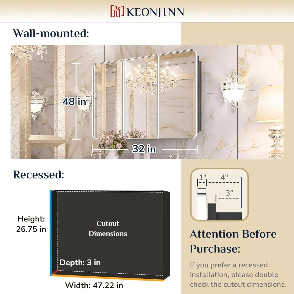 48 x 32 Inch Chrome Medicine Cabinets for Bathroom with Mirror Adjustable Shelves 3 Doors Stainless Steel Frame Soft Home Fusion