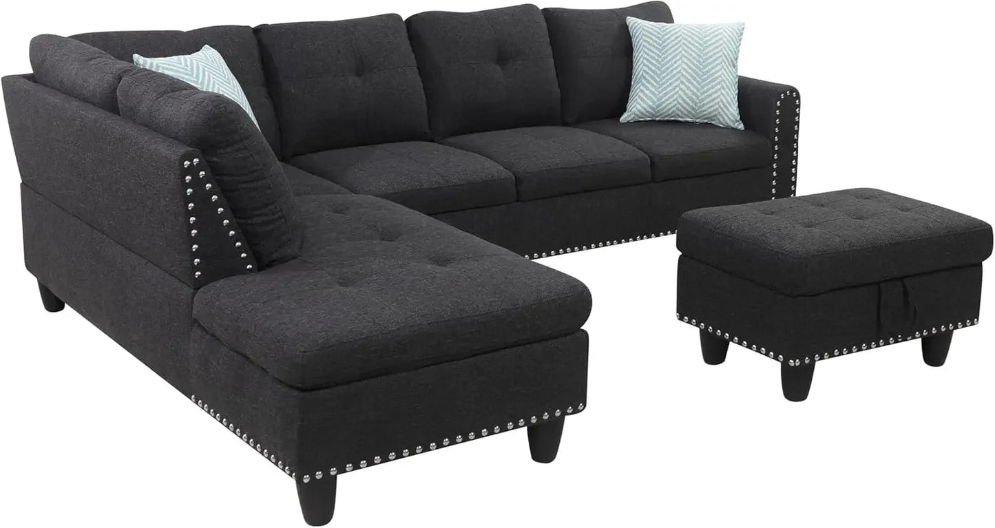 Sectional Sofa with Ottoman Living Room Furniture Set Left Facing Chaise, 2 Cup HoldersComfy Upholstered Sofa&Couch Corner Home Fusion
