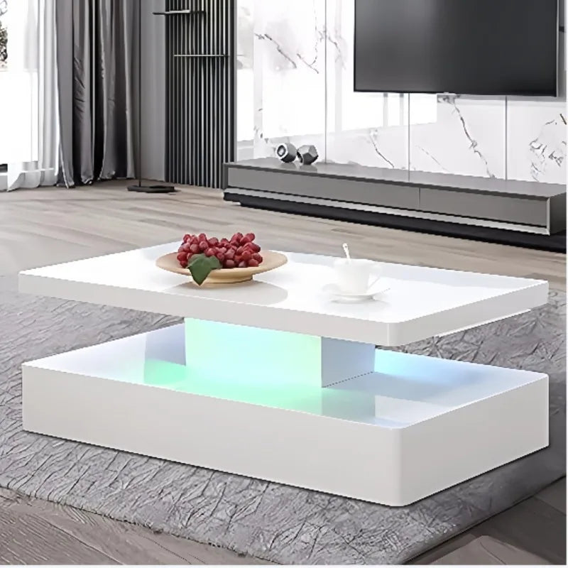 Modern LED Coffee Table 44 Inch, High Glossy Rectangler Center Table with LED Lights &2 Tier for Home Living Room Home Fusion