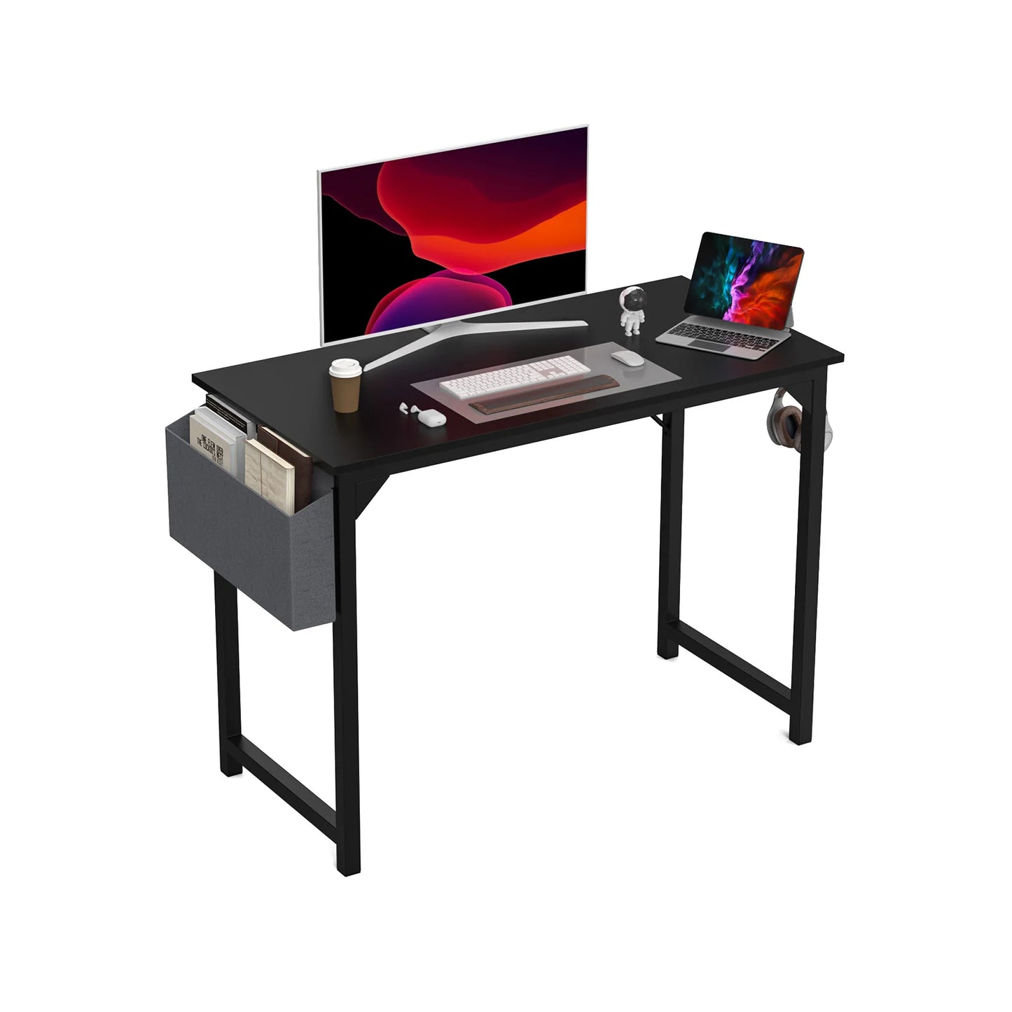JHK Computer Desk Writing Study Office Gaming Table Modern Simple Style Compact with Side Bag Headphone Hook Easy Assembly - Home Fusion