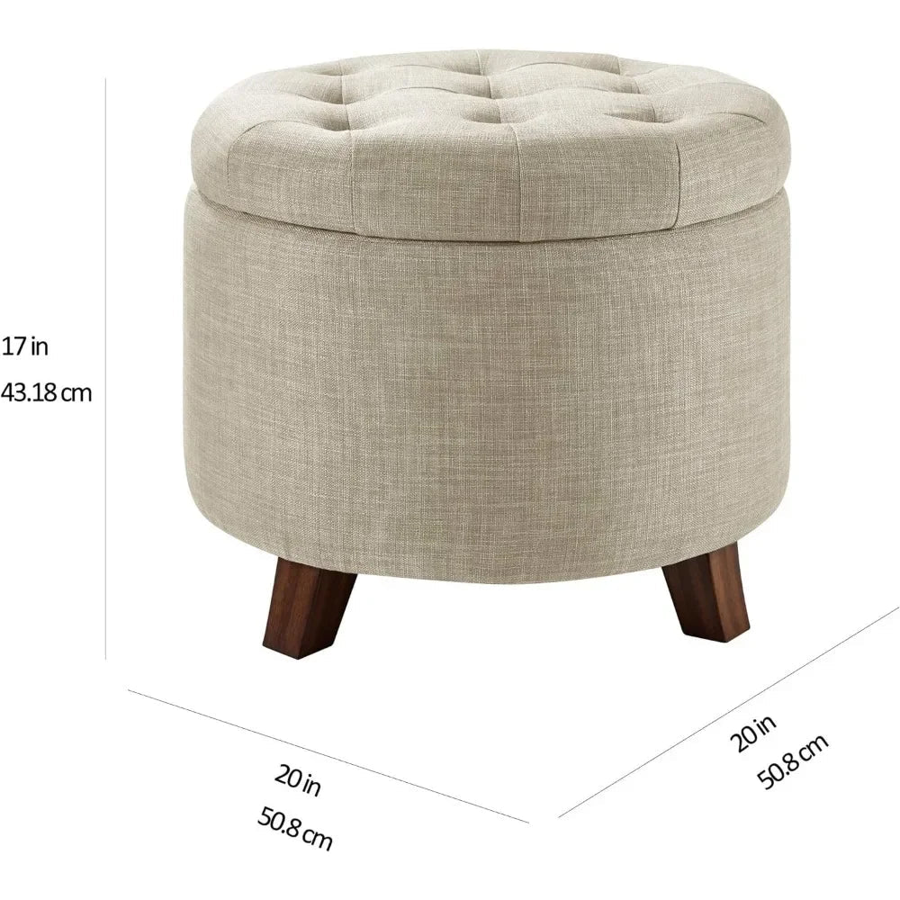 Upholstered Tufted Storage Round Ottomans, Burlap Beige, 20"W x 20"D x 17"H Footstool for Living Room,Bedroom,Office Ottoman Home Fusion