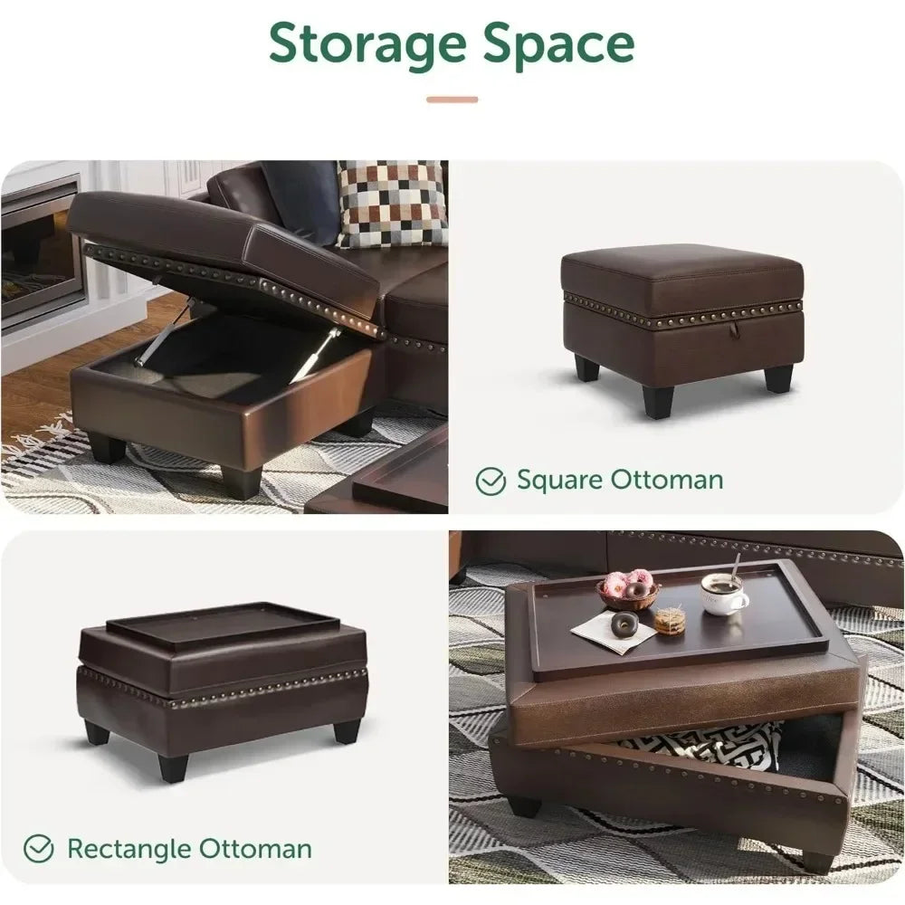 Leather Sectional Sofa with Ottoman - Easy Assembly, Storage Space,Living Room Sofa Home Fusion