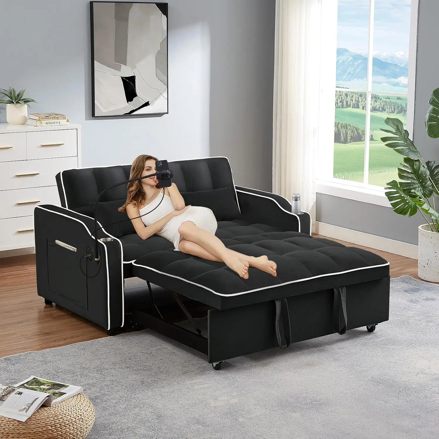 Velvet Convertible Couch Bed-Sofa: Charge, Relax, Sleep. - Home Fusion
