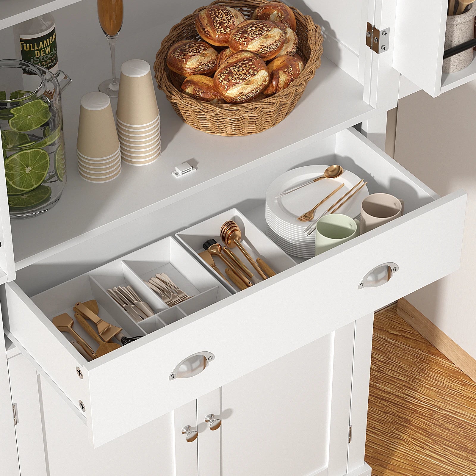 71" H Freestanding Cupboard with 2 Storage Cabinet, 1 Drawer and 4 Adjustable Shelves,Large Tall Pantry Cupboard for Dining Room Home Fusion