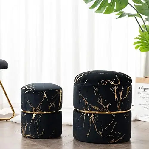 Round Black Velvet Ottoman , Modern Upholstered Vanity Ottoman Footrest Stool Indoor Ottoman for Entryway Living Room Bedroom D