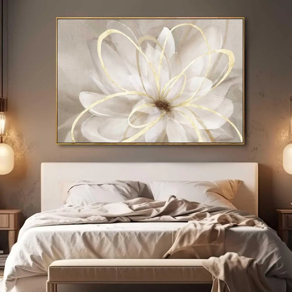 Living room flower wall art 32x48 inch gold large artwork painting. Home Fusion