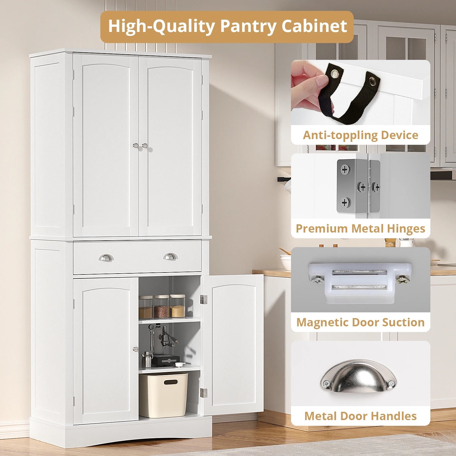 71" H Freestanding Cupboard with 2 Storage Cabinet, 1 Drawer and 4 Adjustable Shelves,Large Tall Pantry Cupboard for Dining Room Home Fusion