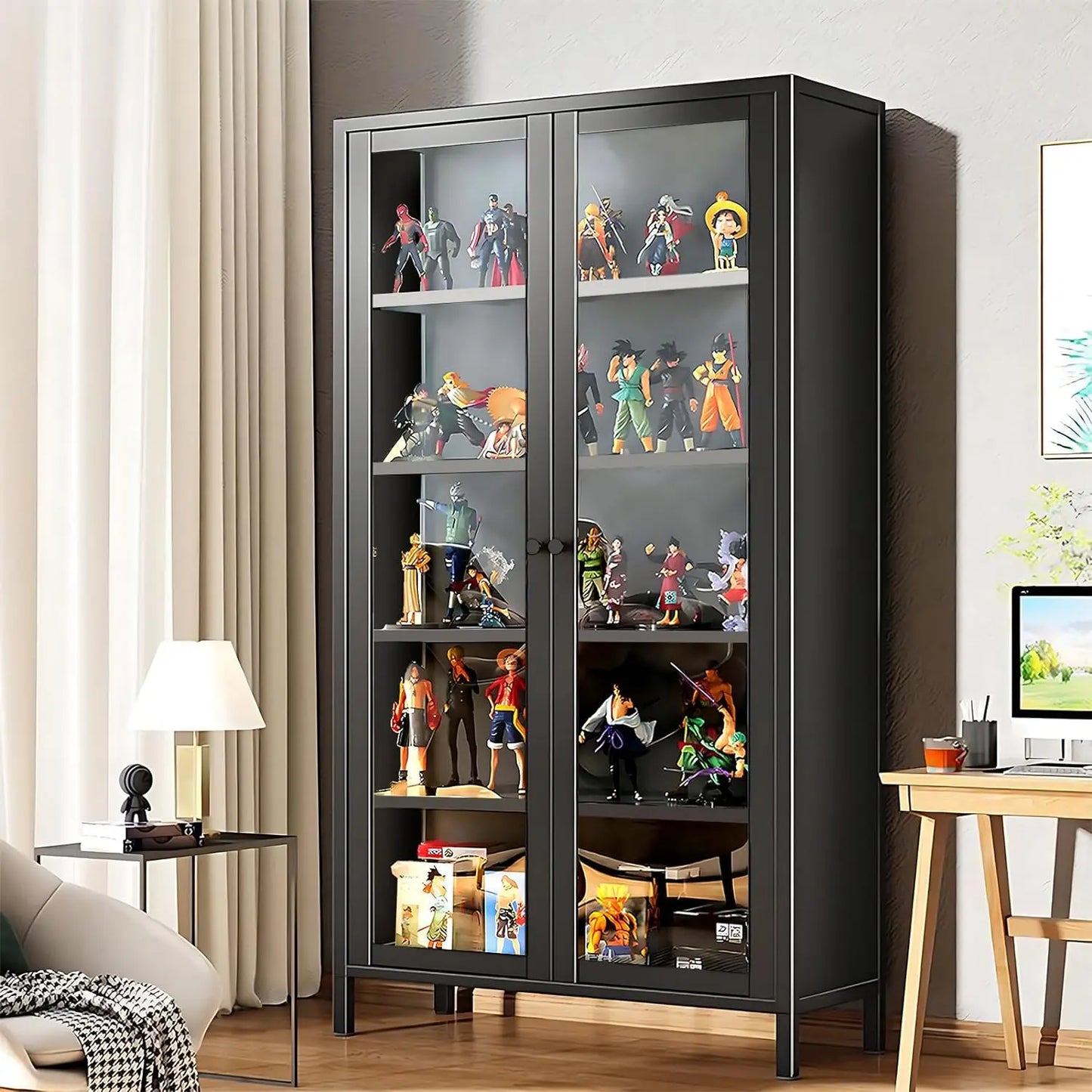 67" Display Cabinet, 6 Tier Curio Display Cabinet with Tempered Glass Door and Adjustable Shelves Storage Cabinets - Home Fusion