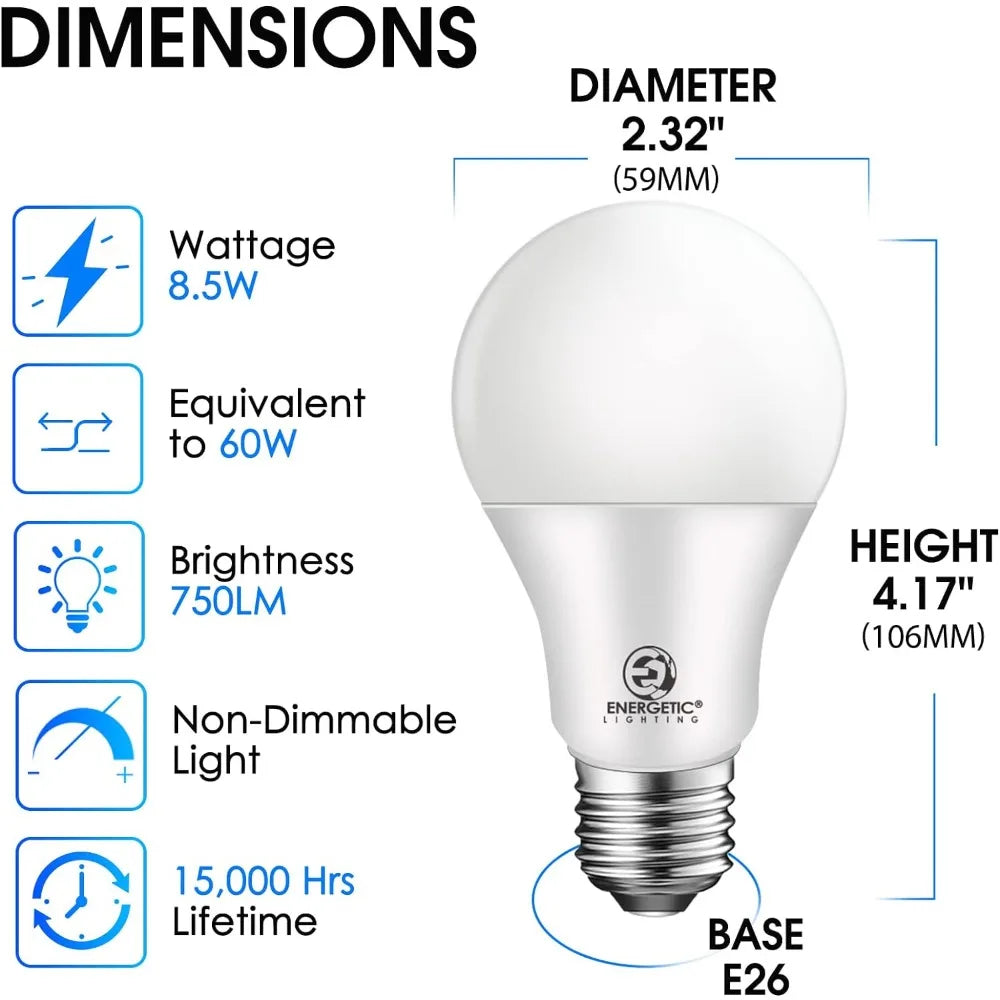 24-Pack A19 LED Light Bulb, 60 Watt Equivalent, Daylight 5000K, E26 Medium Base, Non-Dimmable LED Light Bulb Home Fusion