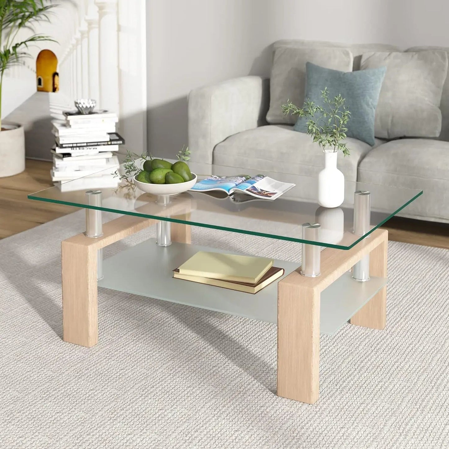Rectangler Center Table with LED Lights2-Tier Tea Table Modern Side Coffee Table for Living Room Home Fusion