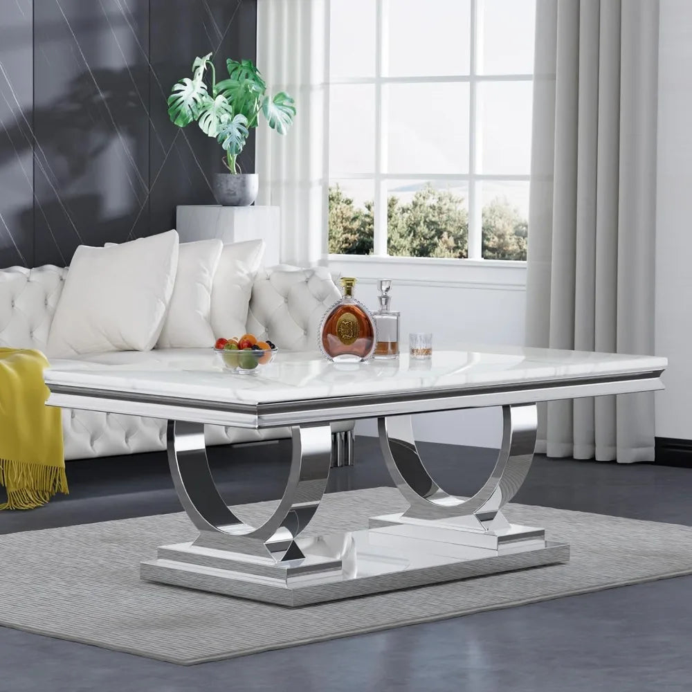 47" Rectangular Coffee Table, Modern White Faux Marble Cocktail Table, with Silver Mirrored Finish U-Shape Stainless Steel Base Home Fusion