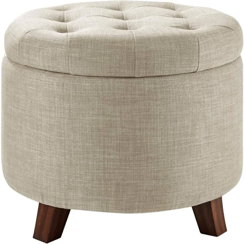Upholstered Tufted Storage Round Ottomans, Burlap Beige, 20"W x 20"D x 17"H Footstool for Living Room,Bedroom,Office Ottoman Home Fusion