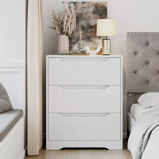 Modern 3 Drawer Dresser, Wood Chest of Drawers with Storage,Tall Nightstand with Cut-Out Handles, Side End Table, Accent Storage Home Fusion