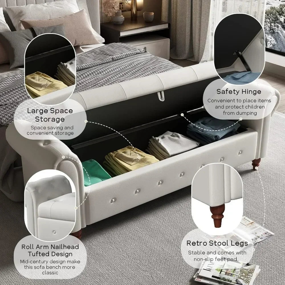 Storage Ottoman Bench, End of Bed Button Tufted Ottoman Bench, Rolled Armed Ottoman Couch Long Bench for Bedroom, Living Room Home Fusion