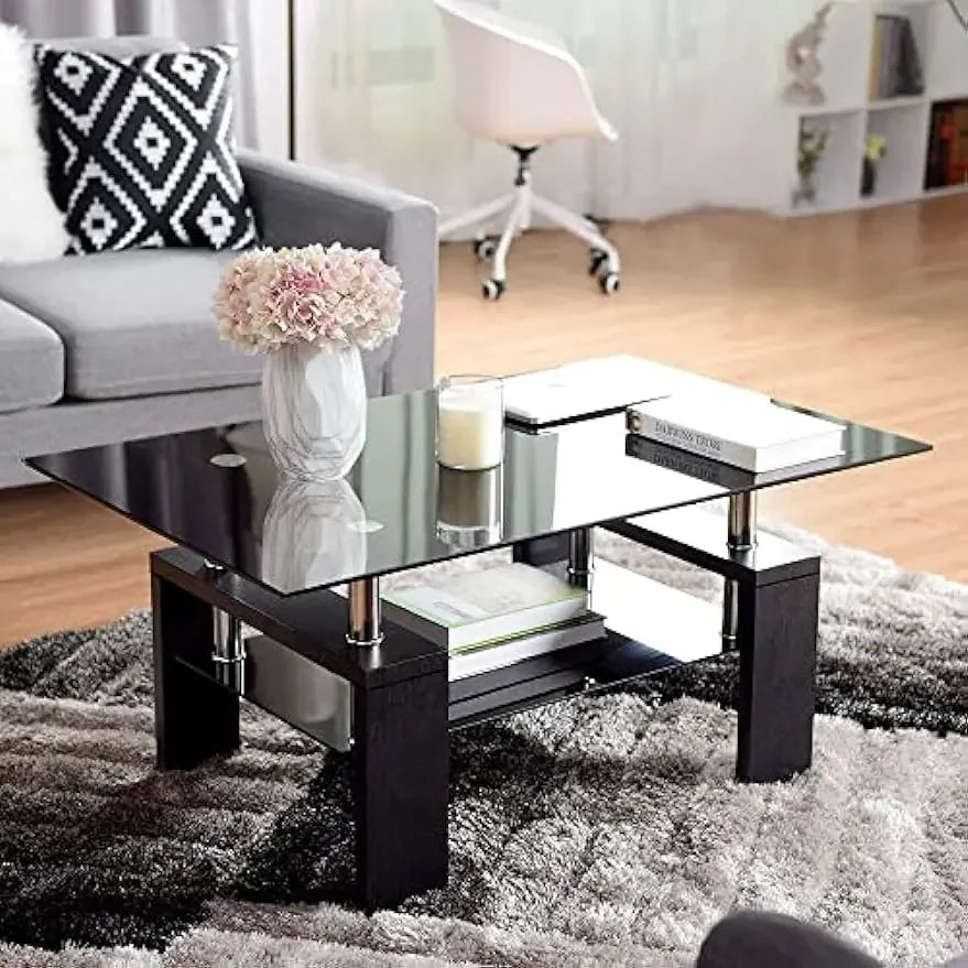 Comft Rectangle Side Glass Coffee Table, 2Tier Center Table Modern Black Side Coffee TableReception Room Office with Lower Shelf Home Fusion