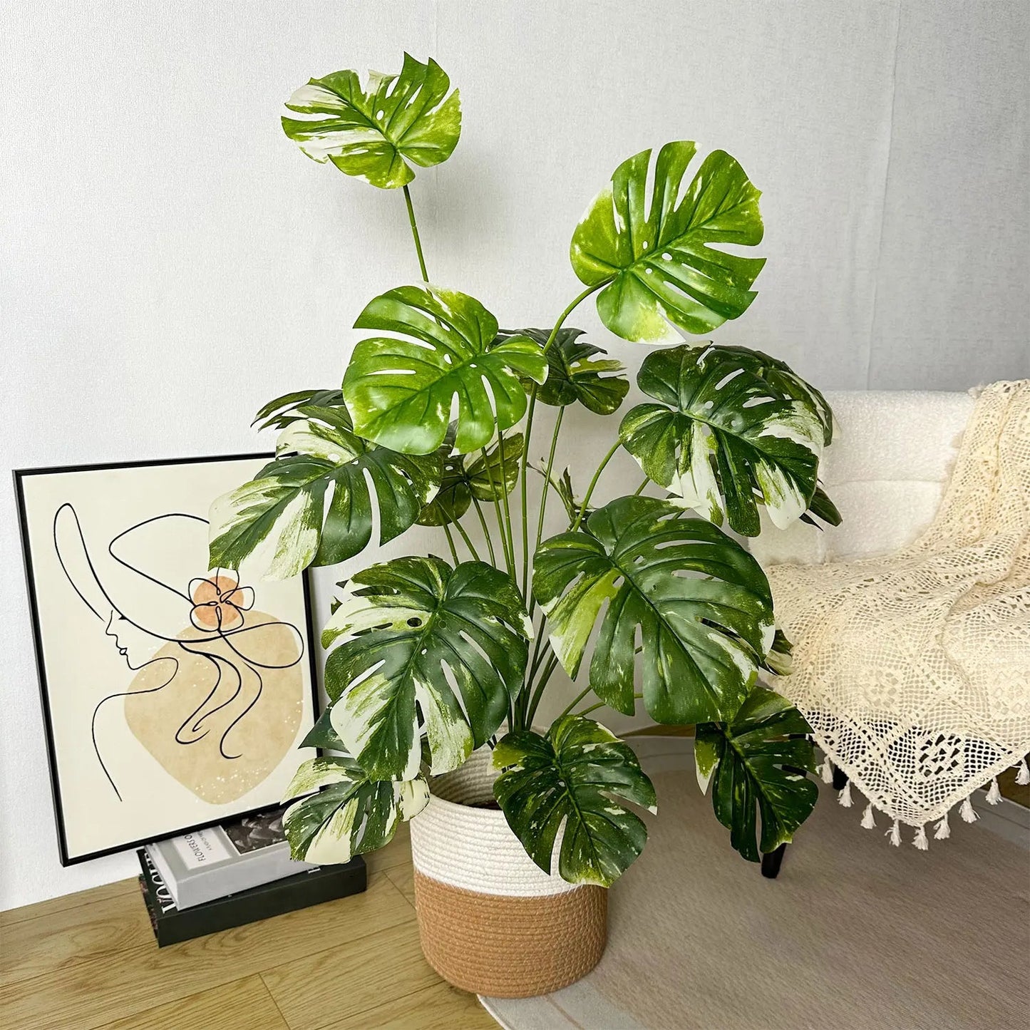 100CM Monstera Plant Plastic Leaf Fake Plant Potted Ornamental Indoor Artificial Plant With Black Pot For Home Decor Office Home Fusion