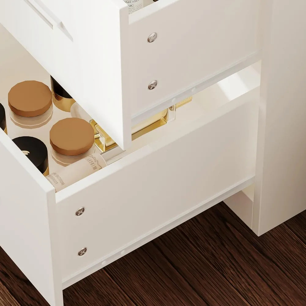 Rovaurx 65" W Makeup Vanity Desk with Mirror and 3-Color Lights, 8 Drawers Vanity Table with Side Storage Shelf, Dressing Table, Home Fusion