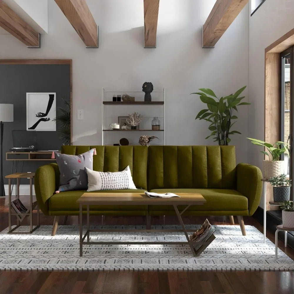 living room Sofa Futon - Premium Upholstery and Wooden Legs - Green couch sofas Home Fusion