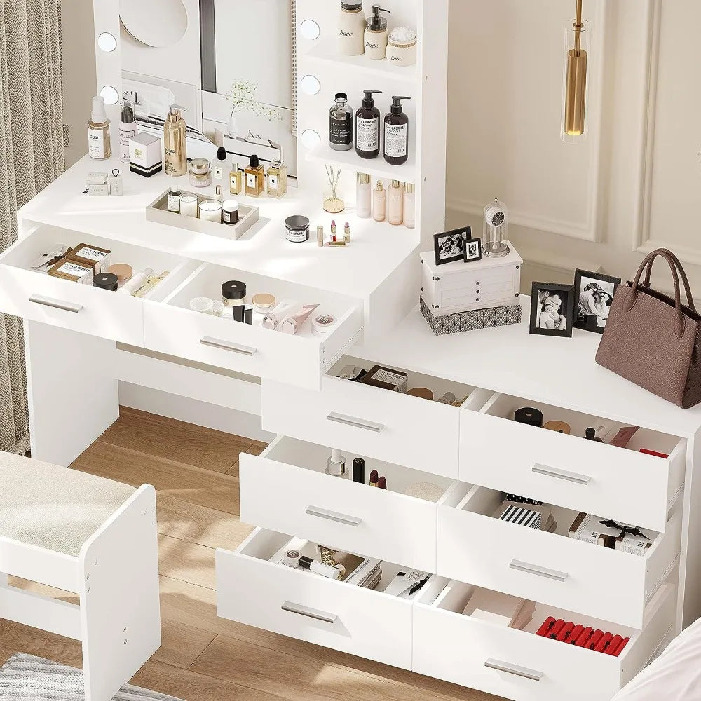 Rovaurx 65" W Makeup Vanity Desk with Mirror and 3-Color Lights, 8 Drawers Vanity Table with Side Storage Shelf, Dressing Table, Home Fusion