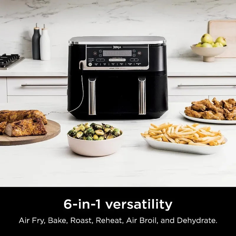 Ninja DZ550 Foodi 10 Quart 6-in-1 DualZone Smart XL Air Fryer with 2 Independent Baskets, Thermometer for Perfect Doneness Home Fusion