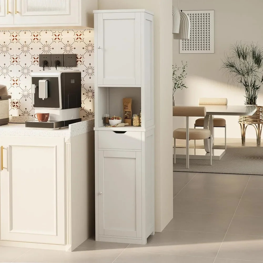 Bathroom Storage Cabinet, Slim Corner Floor Cabinet with Doors and Drawer, Freestanding Narrow Organizer with Adjustable Shelves Home Fusion