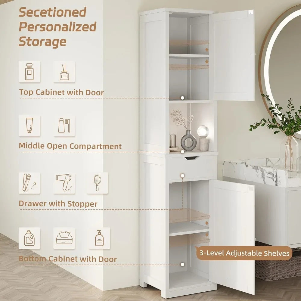Bathroom Storage Cabinet, Slim Corner Floor Cabinet with Doors and Drawer, Freestanding Narrow Organizer with Adjustable Shelves Home Fusion
