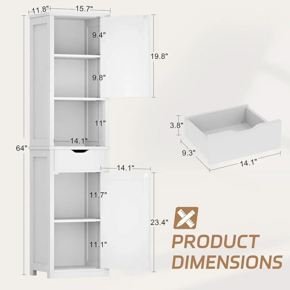 Bathroom Storage Cabinet, Slim Corner Floor Cabinet with Doors and Drawer, Freestanding Narrow Organizer with Adjustable Shelves Home Fusion