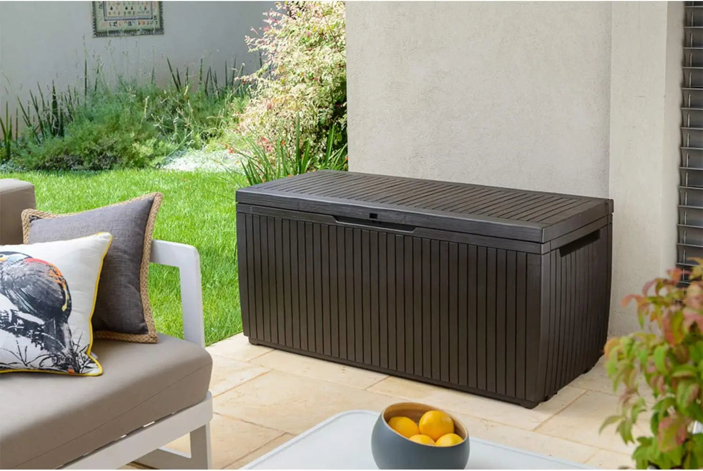 Springwood 80 Gallon Resin Outdoor Storage Box for Patio Furniture Cushions, Pool Toys,and Garden Tools with Handles,Brown - Home Fusion