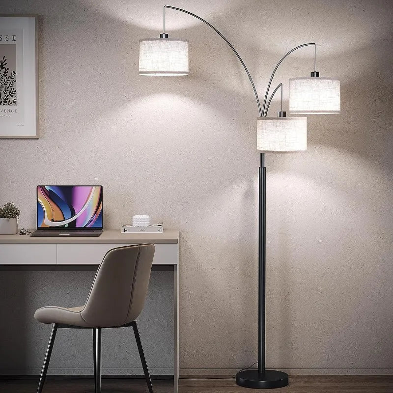 3 Light Floor Lamp – 78” Modern Arc Standing Lamp with Drum Shade - Home Fusion