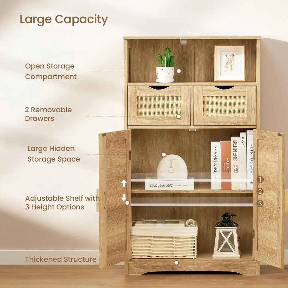 Iwell Storage Cabinet, Rattan Cabinet with 2 Drawers and Adjustable Shelves, Cupboard, Floor Cabinet with Doors for Living Room Home Fusion