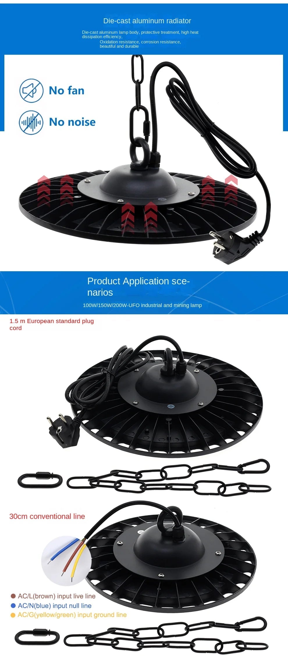 100W 150W 200W UFO LED High Bay Light UFO Industrial Light, High Lumen,No Fan,Garage Light, High Bay Shop Light, 4000K-6500K Home Fusion