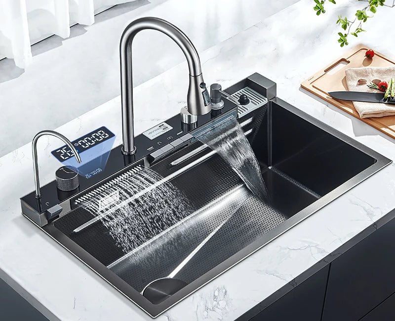 Stainless Steel Kitchen Sink with Faucet Digital Display Large Single Bowl Waterfall Rain 5 Functions System Dish Basin Sink Home Fusion