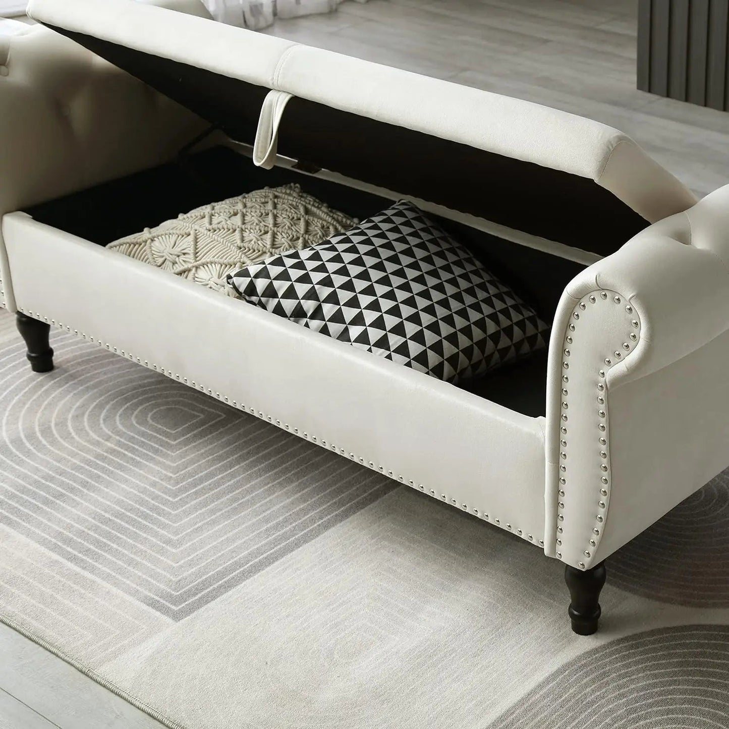 FIQHOME 63" Velvet Storage Bench with 1 Pillow, Multifunctional Rectangular Hallway Sofa Stool Buttons Tufted Nailhead Trimmed Home Fusion