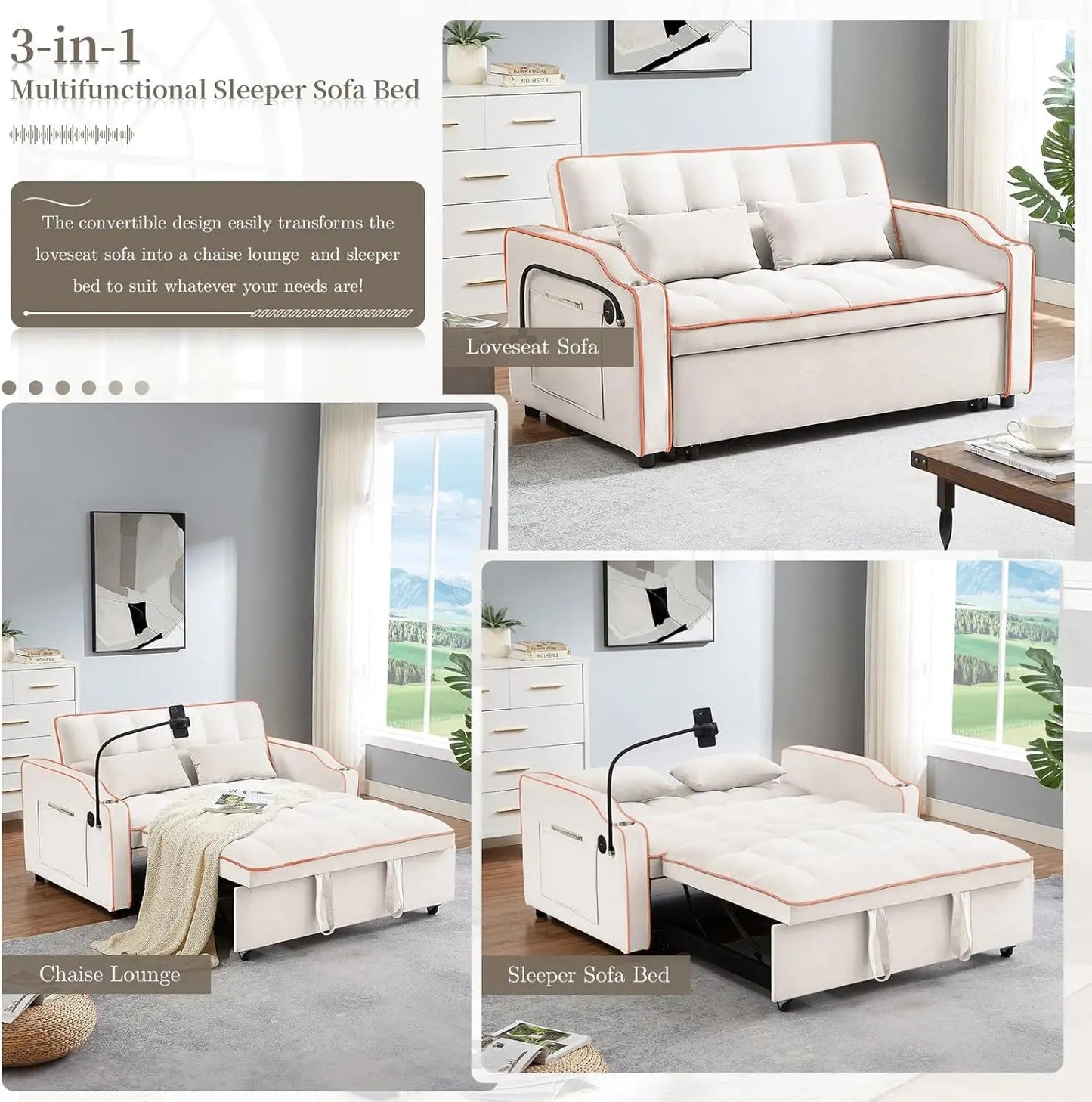 Velvet Convertible Couch Bed-Sofa: Charge, Relax, Sleep. Home Fusion