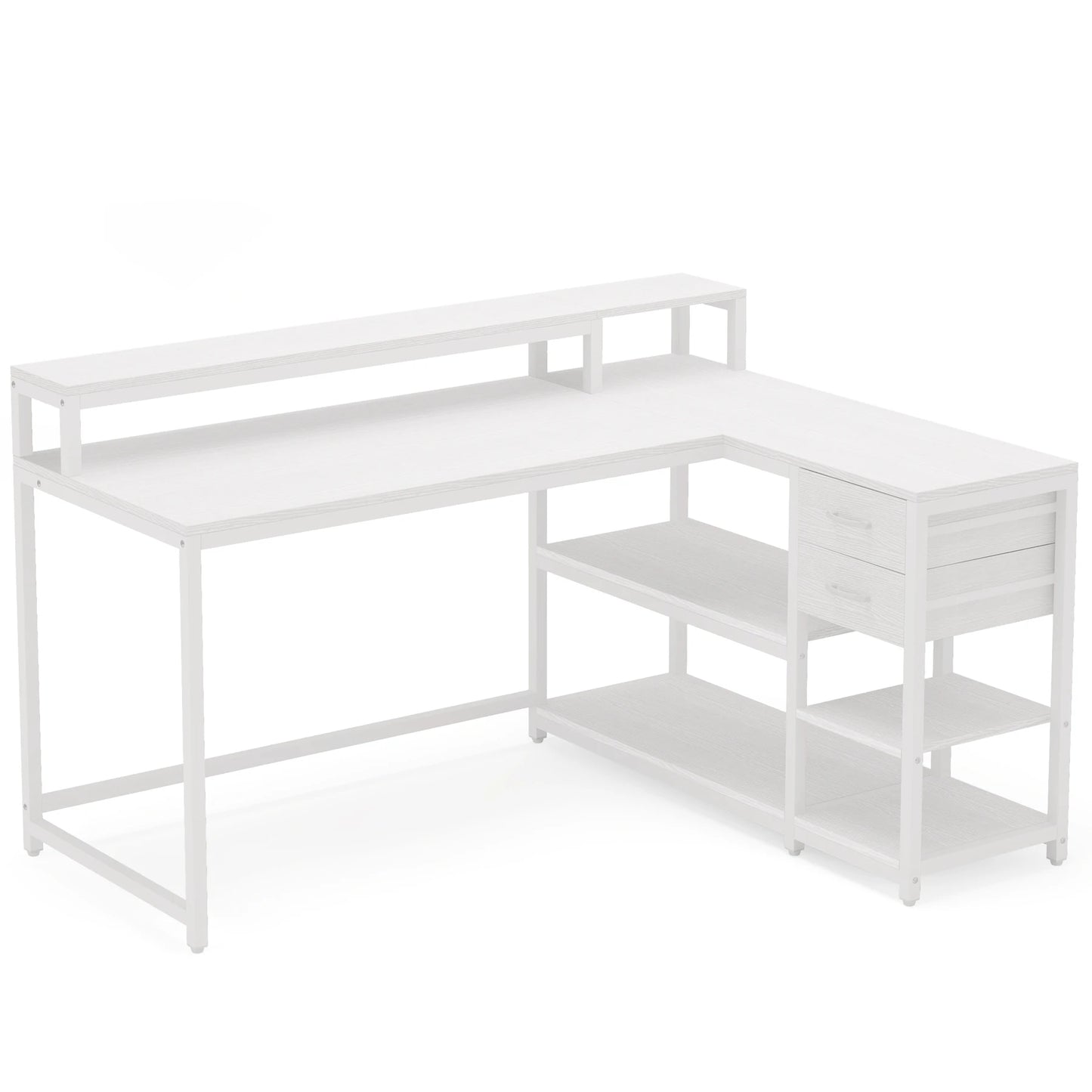 Tribesigns Reversible L Shaped Desk with Drawer, Industrial Corner Desk Home Office Table with Shelves and Monitor Stand - Home Fusion