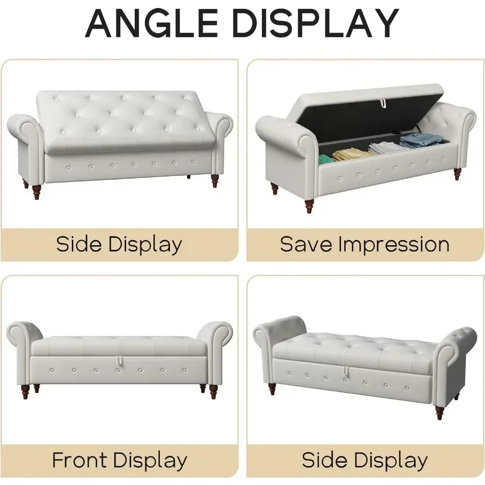 Storage Ottoman Bench, End of Bed Button Tufted Ottoman Bench, Rolled Armed Ottoman Couch Long Bench for Bedroom, Living Room Home Fusion