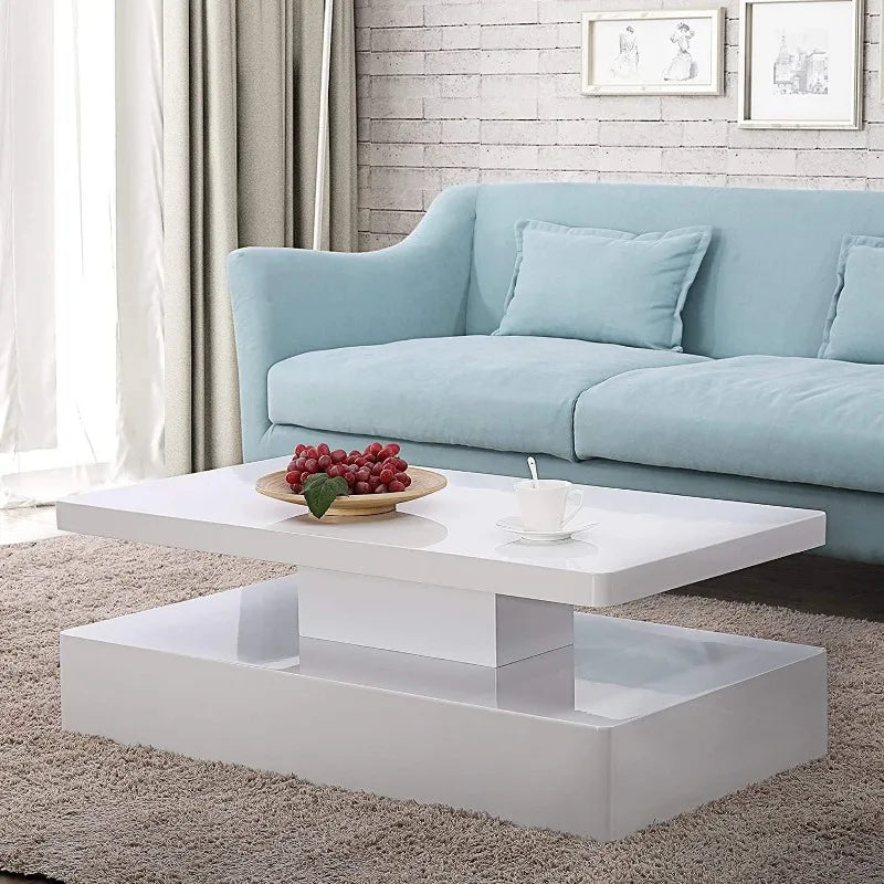 Modern LED Coffee Table 44 Inch, High Glossy Rectangler Center Table with LED Lights &2 Tier for Home Living Room Home Fusion