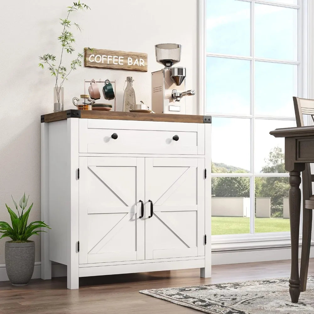 Modern Farmhouse Buffet Sideboard with Drawer and Adjustable Shelf, Barn Door Storage Cabinet forBathroom, Entryway Home Fusion
