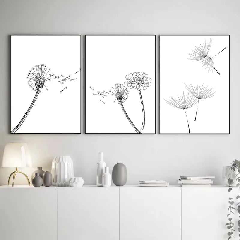 Dandelion Bathroom Black and White Floral Posters Prints Neutral Wall Art Botanical Canvas Painting Living Home Bedroom Decor Home Fusion
