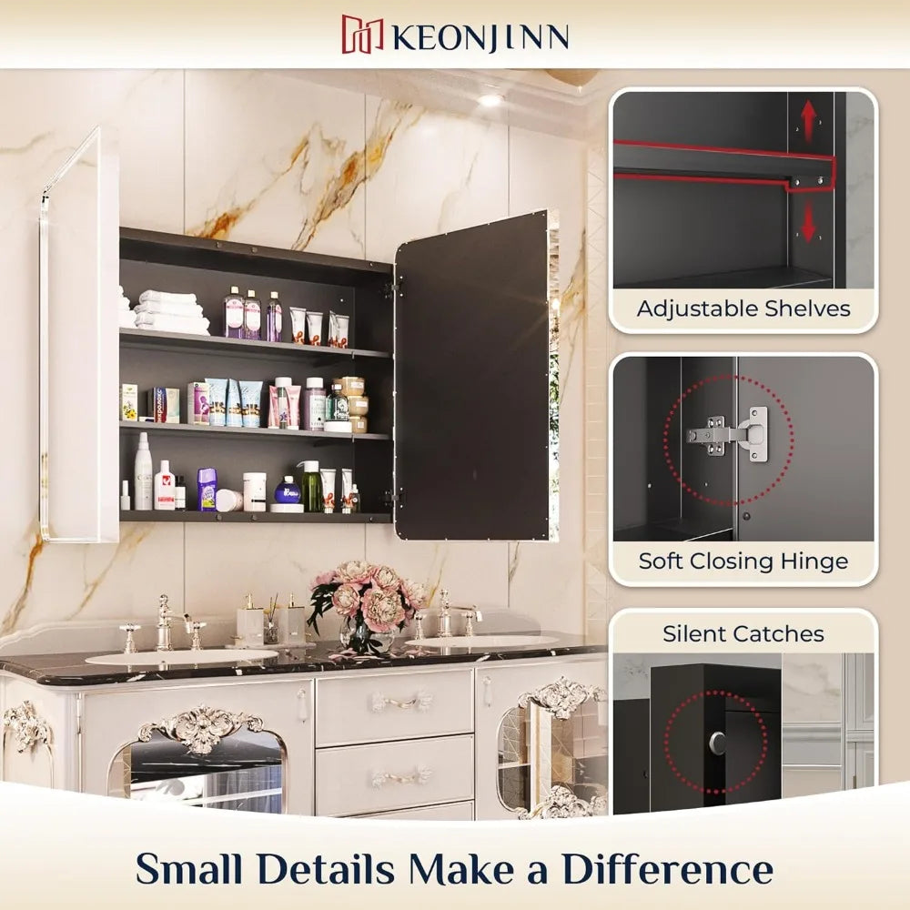 48 x 32 Inch Chrome Medicine Cabinets for Bathroom with Mirror Adjustable Shelves 3 Doors Stainless Steel Frame Soft Home Fusion