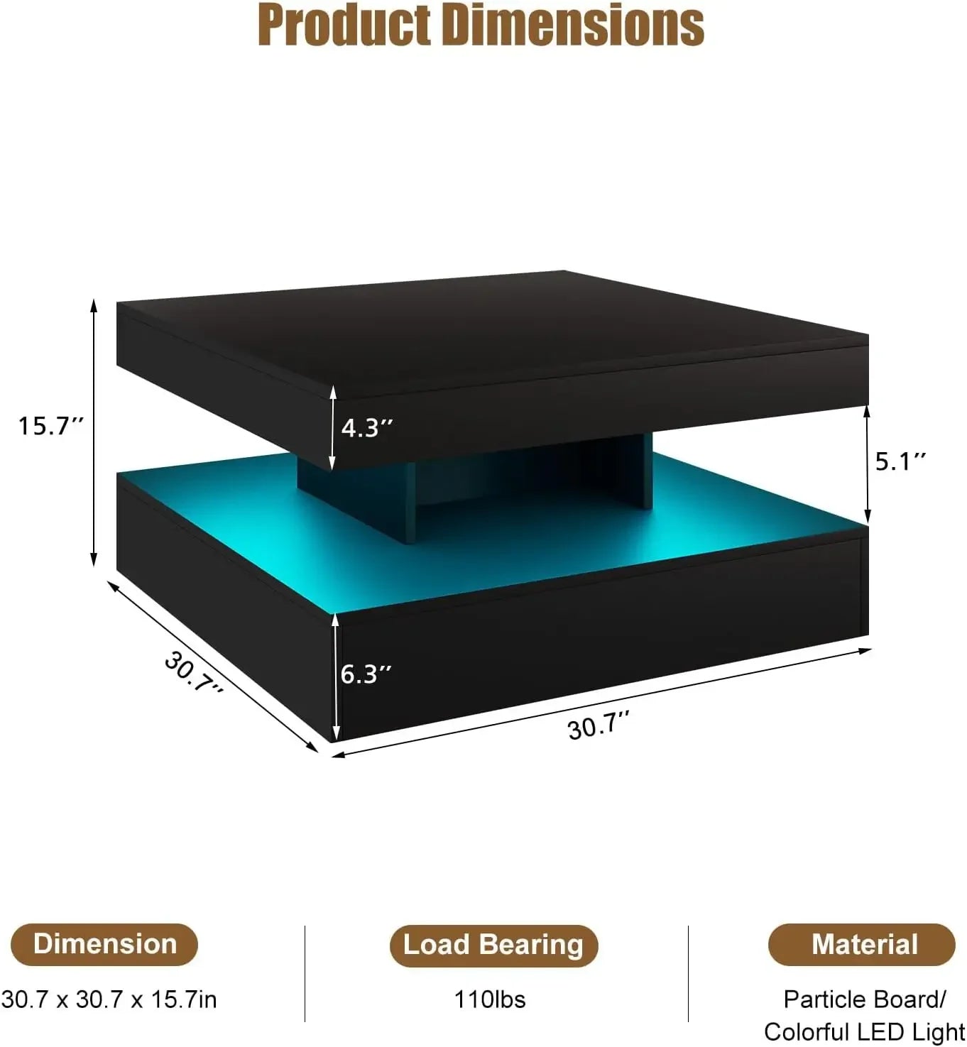 Black LED Coffee Table with Storage for Living Room Modern Smart Tall Square Center Table 2 Tier Display Shelf 20 Colors Light Home Fusion