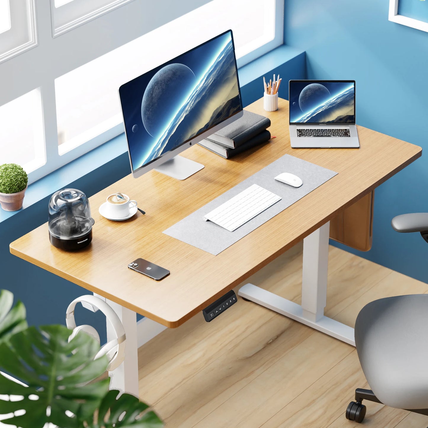 JHK Electric Standing Desk Height Adjustable 40x24 Inch Stand Up Sit Stand Computer Workstation Ergonomic Work Table Oak