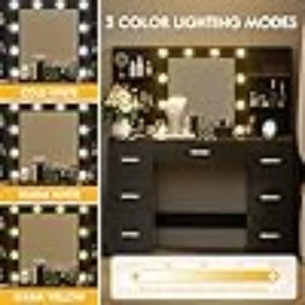 Vanity Desk with LED Lighted Mirror&Power Outlet 3 Model Lights Makeup Table with Drawers Vanity Table Set for Women Girls Home Fusion