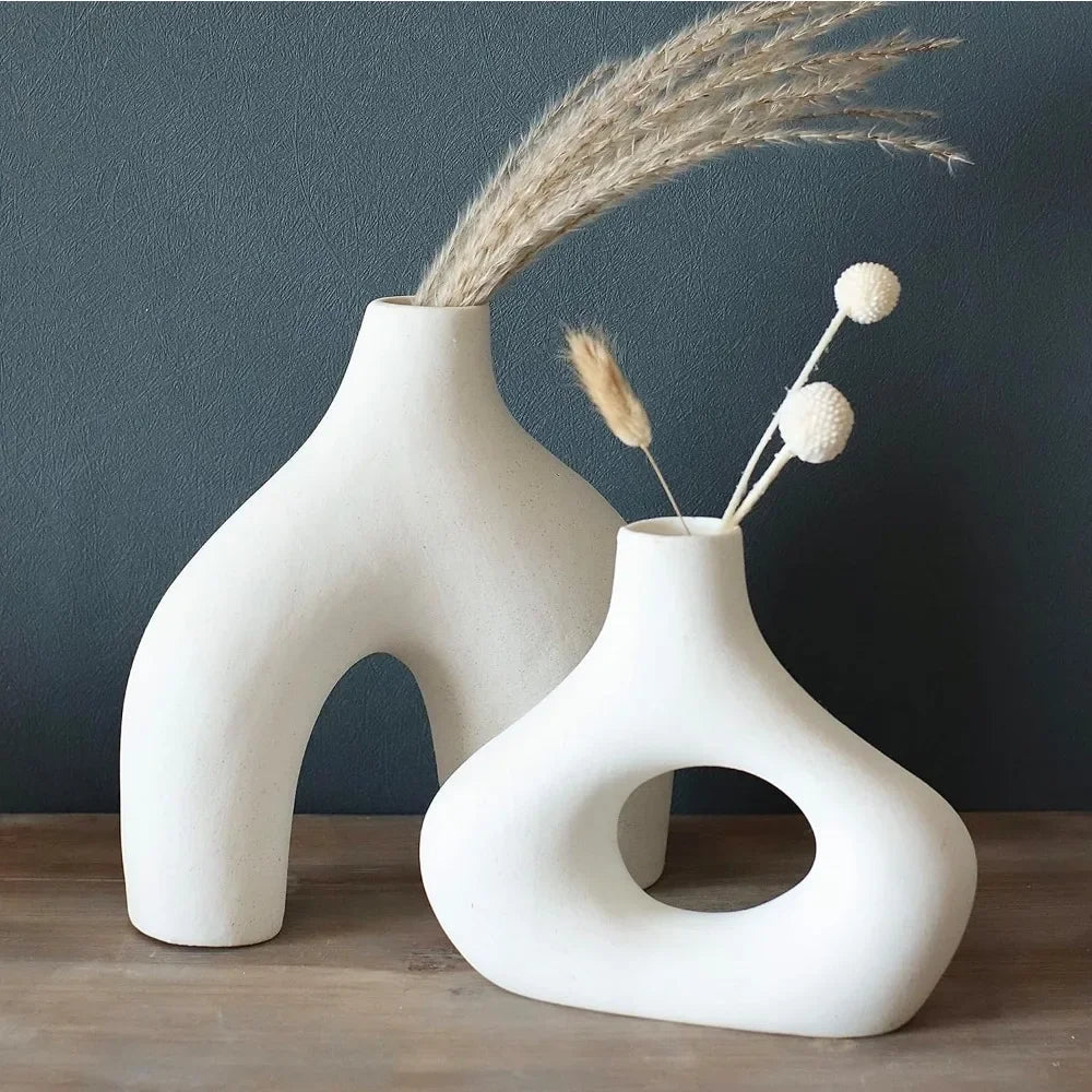 Donut Vase, Set of 2 - Minimalist Nordic, White Ceramic Hollow Donut Vase Decor | Table Centerpiece, Olive Plant, - Home Fusion